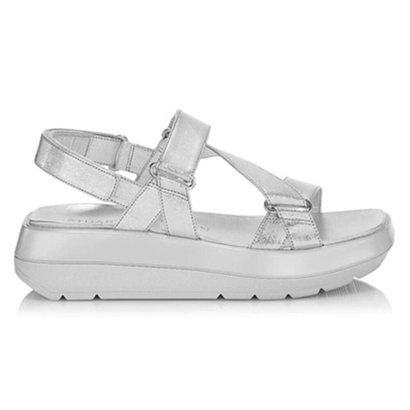 $330 STUART WEITZMAN ZOELIE METALLIC LEATHER PLATFORM SANDAL 6 SILVER (DA12)